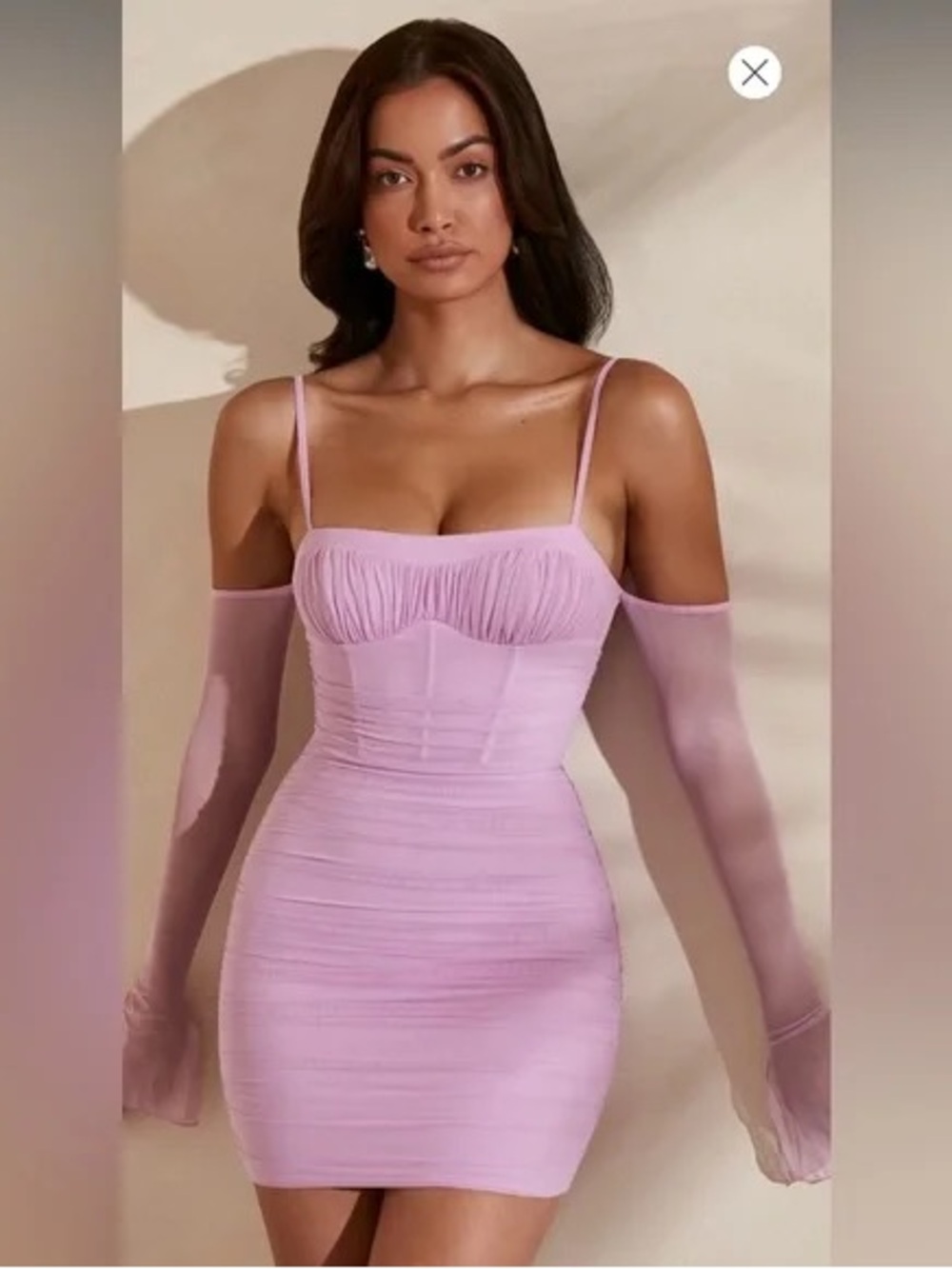 Oh Polly Ruched Mesh Bodycon Mini Dress in Lilac